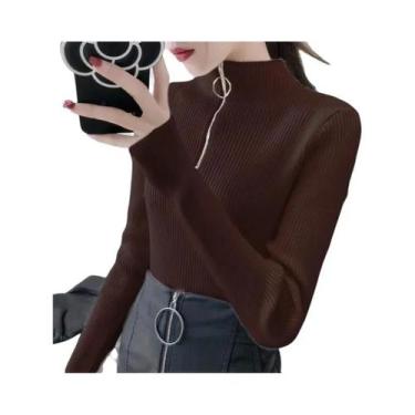 Imagem de Suéter Feminino De Tricô Gola Alta Slim Com Zíper Pulôver Básico Sólid