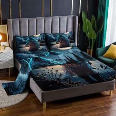 Imagem de Nttopship Jogo de cama casal com 4 peças, lua e lobos de desenho animado com bolsos profundos de 40,6 cm, estampa de animal selvagem, 4 peças (1 lençol + 1 lençol + 2 fronhas)