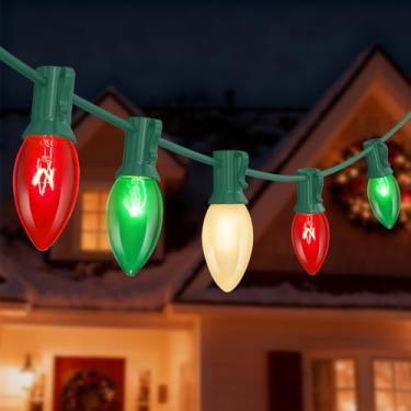 Imagem de Luzes de Natal de 6 m ao ar livre, luzes de Natal multicoloridas C9 com 26 lâmpadas incandescentes vermelhas, verdes e brancas, cordão de luzes vintage para férias, Natal, telhado, casamento - fio