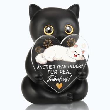 Imagem de VYNWPDFLI Estátua engraçada de aniversário de gato preto, presente de celebração de aniversário para amantes de gatos, presente incrível para amigos, colegas, decoração humorística de marco da idade
