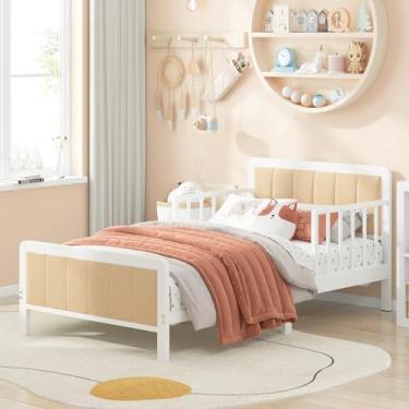 Imagem de Timy Cama infantil com cabeceira estofada, estrutura de cama de metal para berço com grades de segurança para meninos e meninas, branca