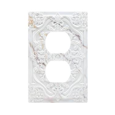 Imagem de Wpshijia Capas decorativas para tomadas com padrão de mármore dourado cinza 3D floral em relevo 1 gangue placa de cobertura de interruptor de luz dupla placa de parede exclusiva para decoração de
