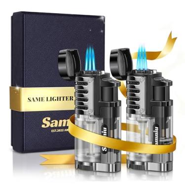 Imagem de SAMNIU Pacote com 2 isqueiros de tocha, chamas triplas, tanque de gás visível, recarregável a gás butano, isqueiros de bolso à prova de vento para vela, presente masculino (gás não incluído)