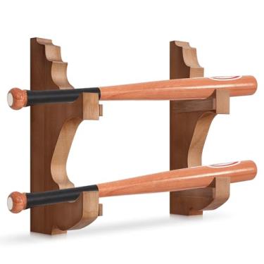 Imagem de MorningRo Suporte de parede para tacos de beisebol com suporte horizontal para tacos de beisebol com furos ocultos âncora para lembranças de taco de hóquei (dois, nogueira)
