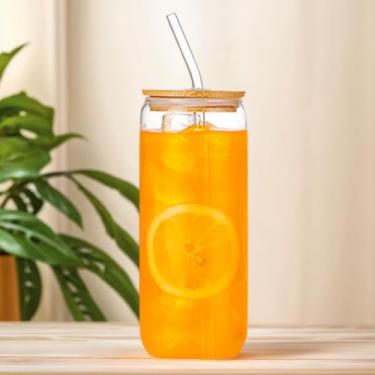 Imagem de Copos de vidro de 473 ml com tampas e canudos, copos de café gelado reutilizáveis para smoothies, sucos
