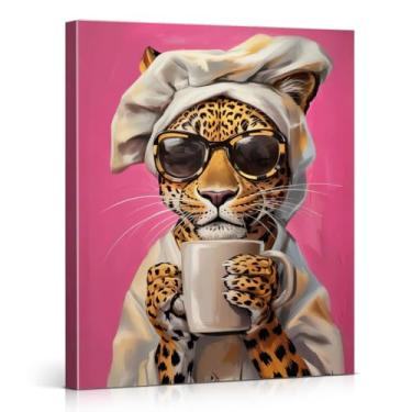 Imagem de Impressão de arte de parede rosa leopardo moderno leopardo bebendo café imagem moderna decoração de parede animal para casa cozinha sala de jantar café 20 x 25 tela emoldurada