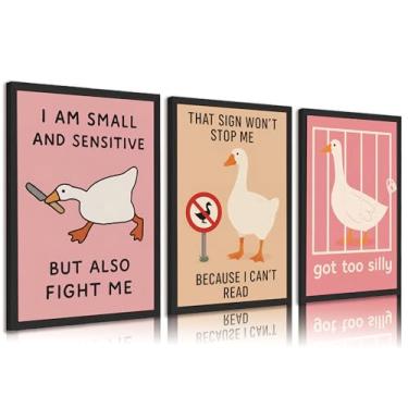 Imagem de 3 peças de arte de parede engraçadas em tela de ganso divertido, engraçado, engraçado, com estampa de ganso bobo engraçado, imagens de decoração de parede para sala de estar, quarto, quarto infantil