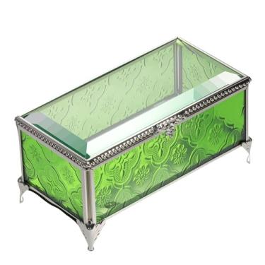 Imagem de DHCGPP Caixa de joias de vidro retangular vintage com tampa articulada, anel de joias, pulseira, caixa de exibição de metal de lembrança, caixa de armazenamento transparente. (16,5 x 8,5 x 8,5 cm)