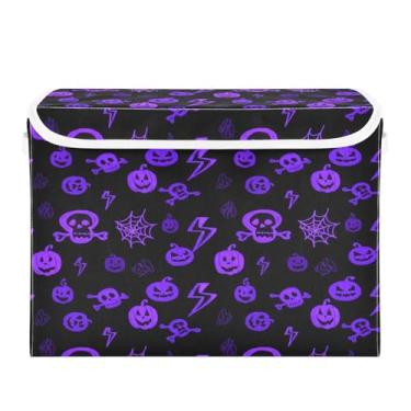 Imagem de Wassud Cestas de armazenamento de Halloween com tampas, caveiras de Halloween, caixotes dobráveis de tecido, cestas de linho empilháveis, recipiente organizador de armário 42 x 32 x 30 cm
