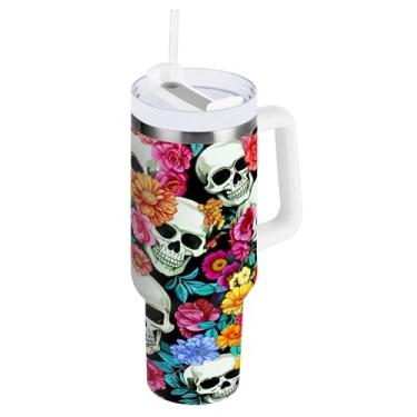 Imagem de CEBUGI Copo de 1,134 g com alça copos isolados com tampa e canudo Garrafa de água reutilizável de aço inoxidável à prova de vazamento caneca de café de viagem caveiras flores