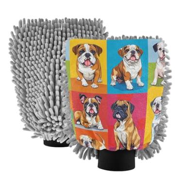 Imagem de STAYTOP Luvas de lavagem de carro de buldogue de desenho animado, 2 peças, luvas de microfibra de chenille, sem arranhões, panos de esponja de lavagem ultra absorventes para carros, limpeza doméstica