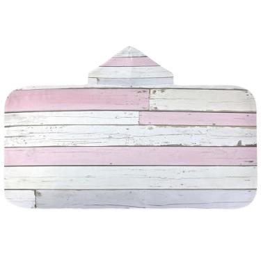 Imagem de Burbuja Toalha de banho com capuz de madeira rosa branca para crianças, toalha de praia de pelúcia macia absorvente para chá de meninas e meninos 3-10 anos, 61 x 127 cm