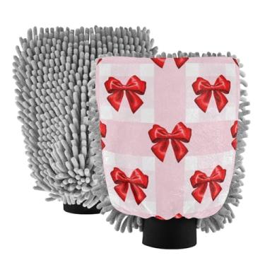 Imagem de STAYTOP Luvas de lavagem de carro com laço de fita vermelha, 2 peças, luvas de microfibra de chenille, sem arranhões, panos de esponja de lavagem ultra absorventes para carros, limpeza doméstica - L