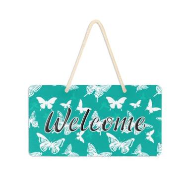 Imagem de Burbuja Placa de boas-vindas borboleta em azul-petróleo para porta da frente, placa de boas-vindas de PVC para decoração de férias, 15 x 28 cm