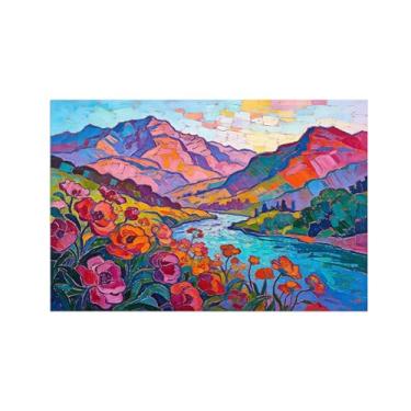 Imagem de Pôster de arte de parede abstrata flores coloridas rio montanha 3 - decoração moderna - impressão em tela pintura para sala de estar escritório 30 x 45 cm 12 x 18 pol sem moldura