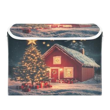 Imagem de CEBUGI Caixas de armazenamento com tampas caixa de armazenamento de tecido dobrável Caixotes organizadores de cubo Red House para prateleiras de quarto de armário de casa 40 x 30 x 30 cm