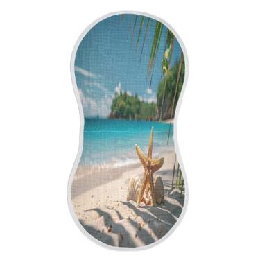 Imagem de xigua Cena de praia com folhas de palmeira musselina conjunto de 4 panos de arroto, super macios e absorventes, roupas de arroto de algodão, presente de chá para recém-nascidos, bebês meninas e