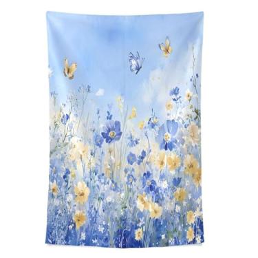 Imagem de STAYTOP Tapeçaria de parede de flores silvestres azuis e borboletas para decoração de casa, decoração de dormitório, sala de estar, quarto, tapete de parede (90 × 60 pol)