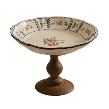 Imagem de Fruteira Fruteira rústica de cerâmica com estampa floral e base de madeira para servir aperitivos e decorar mesas em estilo fazenda. Decoração de mesa(Pequeno)