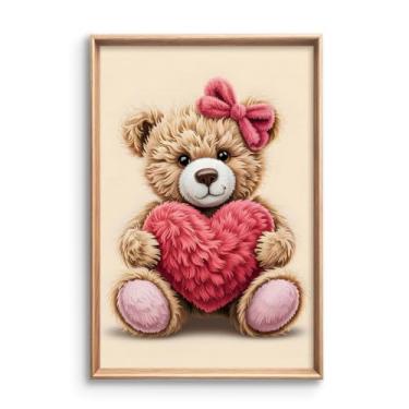 Imagem de OAOPIC Arte de parede em tela de urso fofo com coração, rosa pastel, romântico, dia dos namorados, imagem de animal brincalhão para quarto de bebê menina, impressão de presente de dia dos namorados