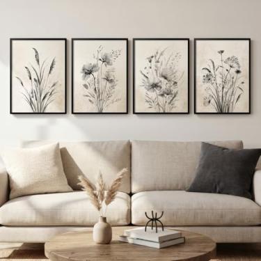Imagem de Arte de parede botânica vintage emoldurada, 4 peças neutra rústica Boho impressão em tela floral para casa de fazenda moderna, fotos de flores em preto e branco para sala de estar, quarto, sala de