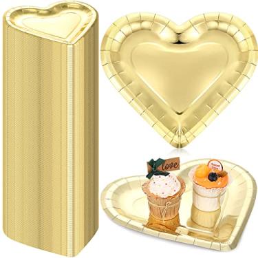 Imagem de Remerry Prato de jantar descartável para o Dia dos Namorados, 100 peças, 26 x 24 cm, pratos de papel grossos em forma de coração, pratos decorativos em forma de coração, pratos de papel de aniversário de casamento (ouro)