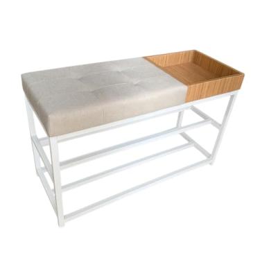 Imagem de Sapateira Com Banco Macio 90cm Estilo Industrial Com Porta Objetos 10 Pares sapateira hall de entrada para Entrada, Quarto ou Varanda(Estrutura Branca/Assento Linho)