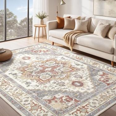 Imagem de Tapete lavável 22,5 x 30,5 cm: boho vintage envelhecido medalhão oriental neutro fino grande tapete para sala de estar, quarto, sala de jantar, decoração de escritório em casa - laranja cinza