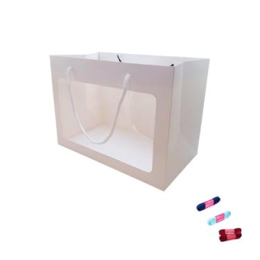 Imagem de Kit Sacola Branca com Visor 24x12x31 cm e Fita Cetim 10mm x 10 metros