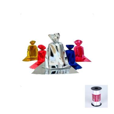 Imagem de Kit Saco Metalizado 15x30 cm com 50 Unidades e Fita Cetim Rolo 7 mm x 100 Metros