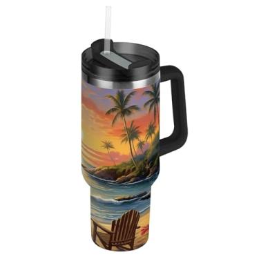 Imagem de Joisal Copos tropicais com tampas e canudo para cenário de praia, copo grande de 1,134 g com alça, garrafas de água isoladas, caneca de café quente de aço inoxidável para carros