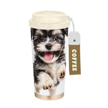 Imagem de TSENQUE Caneca de café de viagem de 473 ml, copo de café com revestimento cerâmico com canudo e tampa, copo isolado a vácuo de aço inoxidável, cachorrinho de cachorro preto e branco