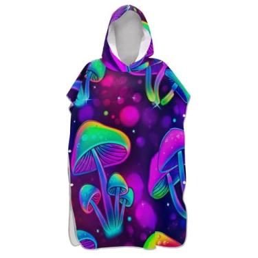 Imagem de TSENQUE Cogumelos Neon Colors Cartoon Surf Poncho Adultos Trocador de Roupão Vestível Praia Ponchos para Homens Moletom Toalha Natação