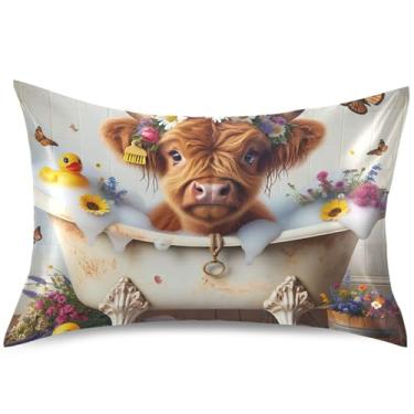 Imagem de Capas de almofada engraçadas de cetim de vaca Highland para banho de animal para cabelo capas de travesseiro padrão king queen capas de travesseiro refrescantes para cama cuidados com a pele, tamanho