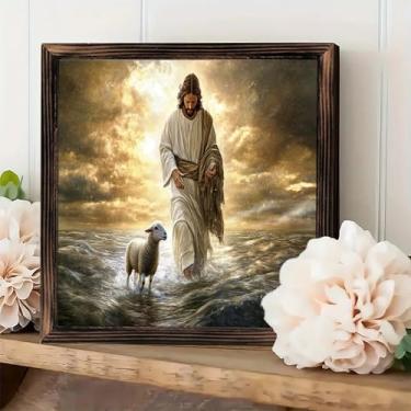 Imagem de Placa de parede emoldurada vintage rústica - Jesus andando na água com uma ovelha decoração de mesa 20 x 20 cm - presentes para fazenda, cafés, lojas, quarto, banheiro, casa e escritório