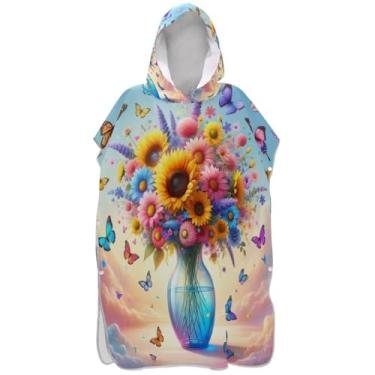 Imagem de Joisal Poncho de surfe plus size para adultos trocador com capuz toalha de natação bonito flores coloridas arte poncho masculino com capuz