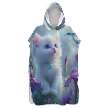 Imagem de Roupão de mudança de poncho de surfe para toalha de natação com capuz fofo absorvente ponchos adultos para mulheres gatinho branco fofo gato