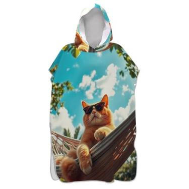 Imagem de Trocador de poncho de surfe para toalha de natação com capuz Adul plus size ponchos femininos com capuz gato laranja fofo