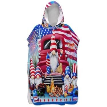 Imagem de Joisal Poncho de surfe de gnomo do dia da independência dos EUA para mudança de roupão de praia com capuz toalha floral reutilizável unissex adulto poncho com capuz