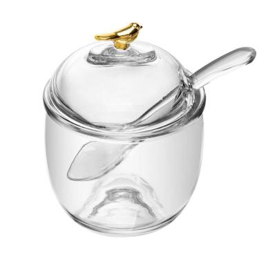 Imagem de Açucareiro de Vidro C/Colher Plástica Golden Bird Transparente 12x8,5cm Wolff