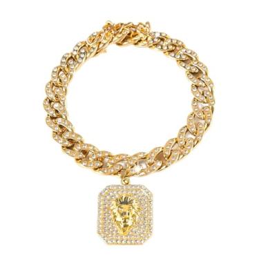 Imagem de Prdgohv Corrente de ouro para cães com pingente de diamante (leão) colar de corrente de metal para caminhada estilo cubano para animais de estimação, acessórios de joias (leve caixa de joias) (dourado