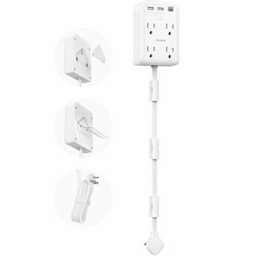 Imagem de Régua de alimentação curta de 6 m – cabo de extensão de parede plana com 4 tomadas AC e 3 portas USB (1 tipo C), extensor de tomada múltipla pequeno protetor contra surtos para dormitório de