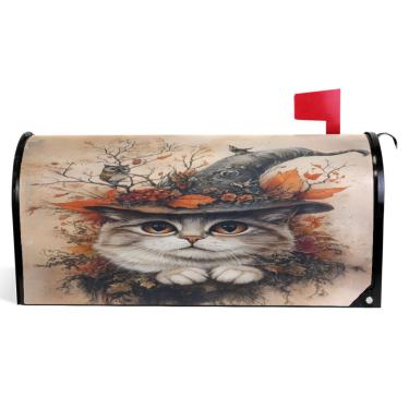 Imagem de TSENQUE Capas magnéticas para caixa de correio decorativa outono caixa de correio vinil gato místico chapéu de bruxa outono caixa de correio moderna decoração de jardim tamanho padrão 52,6 x 45,8 cm