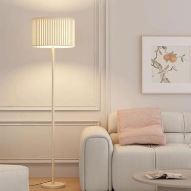 Imagem de Luminária de chão com cúpula em formato de tambor, estilo nórdico minimalista, com revestimento em tecido preto, branco e dourado, em metal polido. Ideal para leitura em ambientes internos,