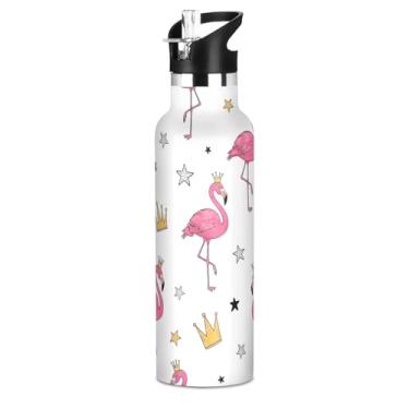 Imagem de Joisal Garrafas de água isoladas de aço inoxidável de 590 ml com tampa de canudo para bebidas frias ou quentes, flamingos rosa em aquarela branco de parede dupla a vácuo sem BPA copo de viagem para