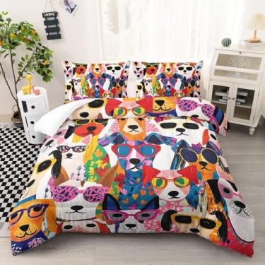 Imagem de AILONEN Conjunto de edredom de cachorro fofo, tamanho casal, engraçado, com tema de animais de estimação, para crianças, com 2 fronhas, microfibra macia