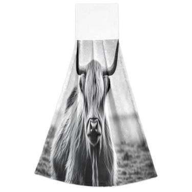 Imagem de Joitme Toalhas de mão brancas pretas de vaca Highland com laço para pendurar, conjunto de 2 toalhas de cozinha altamente absorventes para decoração de casa, 46 x 35 cm