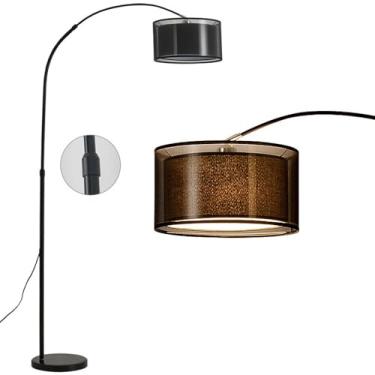 Imagem de Luminária de chão moderna com cúpula dupla de tecido, estilo arco, clássica, preta, vertical, com altura ajustável em 360°, ideal para sala de estar e quarto.