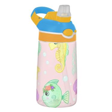 Imagem de Garrafa de água infantil com desenho animado Cute Sea Creatures para escola, 473 ml Tritan 473 ml, garrafa de água esportiva com canudo, copos de viagem à prova de vazamento para crianças