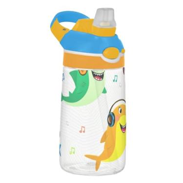 Imagem de Garrafa de água infantil fofa com desenho animado Sharks Music para escola, 473 ml, 473 ml, garrafa de água esportiva Tritan com canudo, copo infantil à prova de vazamento, reutilizável, alça de